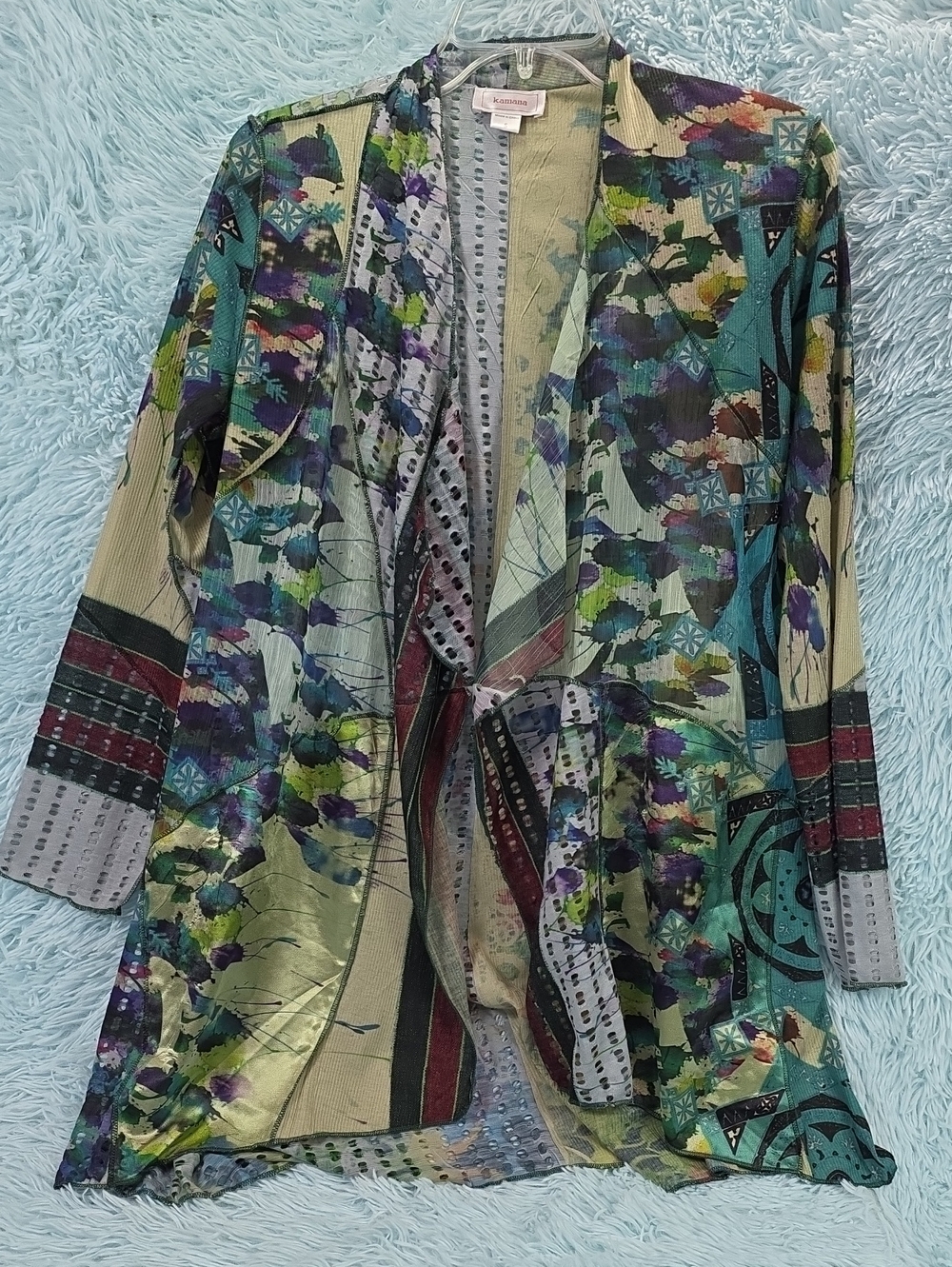 Kamana Boho Patchwork Open Front Cardigan Duster Jacket Floral Art to Wear S